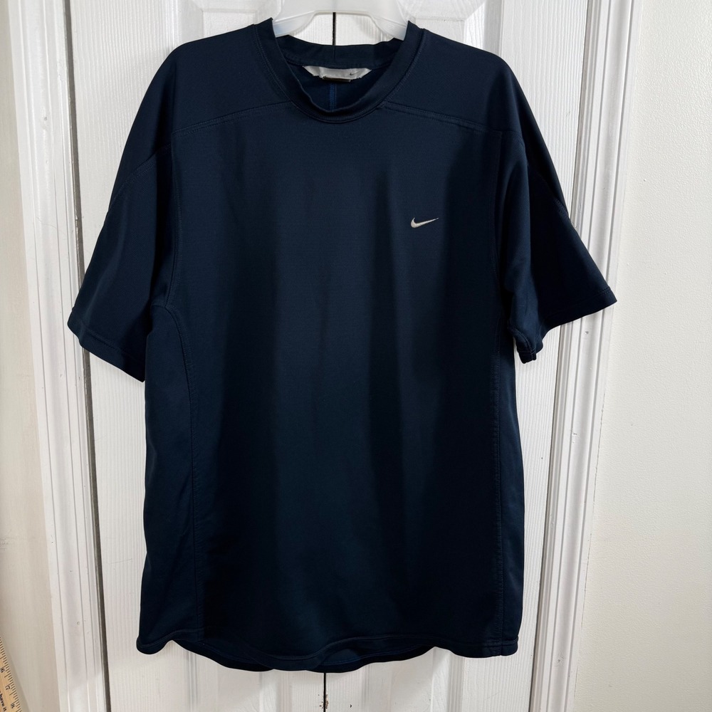 Nike Shirt Mens Large Navy Blue Embroidered Swoosh Athletic Training Mesh Y2K